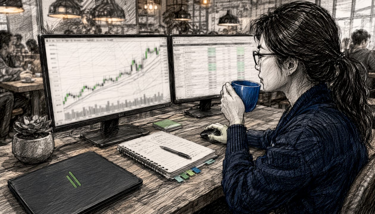Trader analyzing weekly chart on monitors