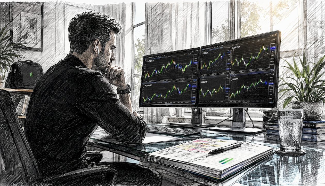 Trader analyzing morning star pattern on screens
