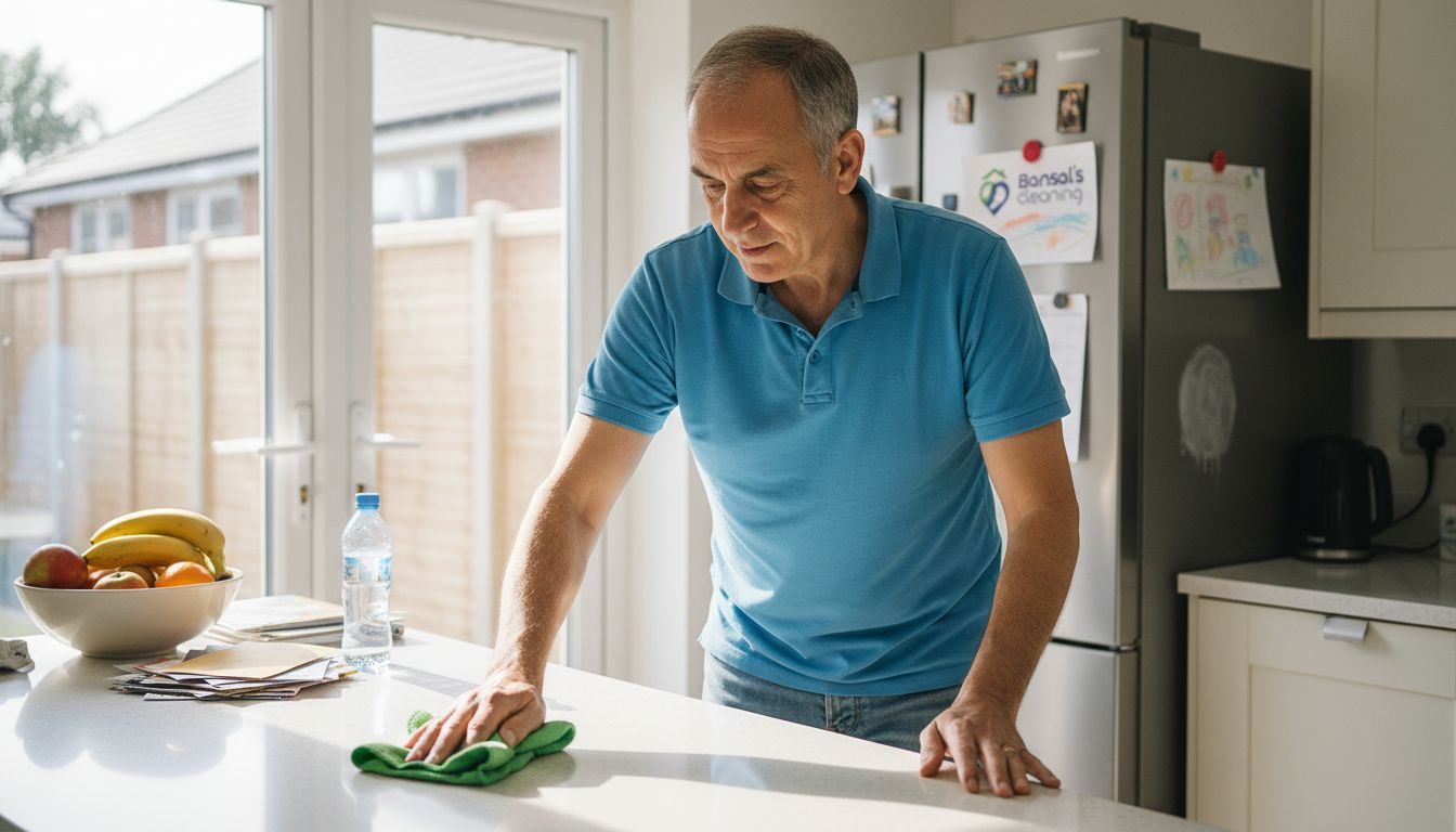 Man cleaning kitchen countertops Essex home