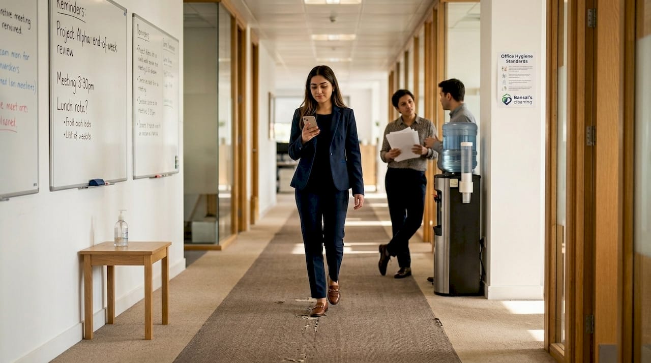 Foot traffic in office corridor with coworkers
