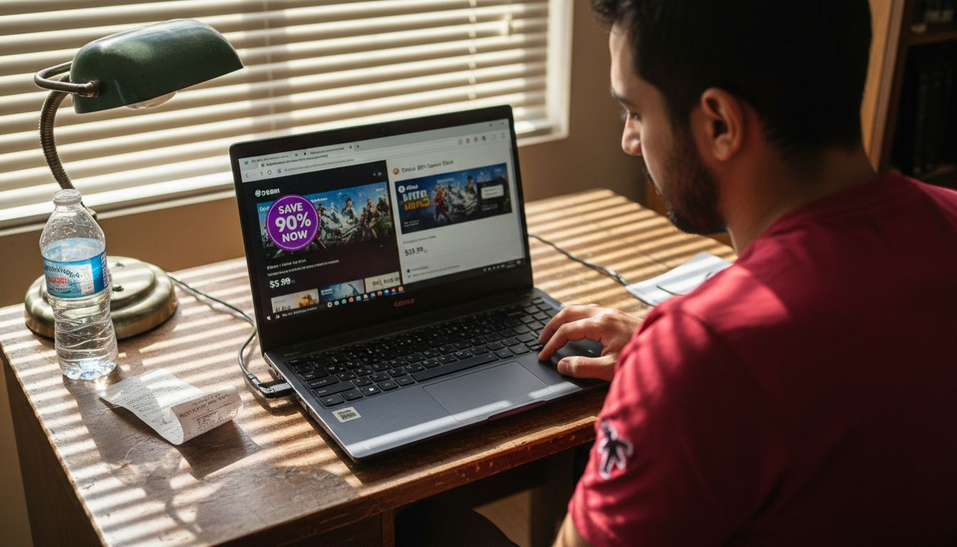 Gamer comparing game prices on two screens