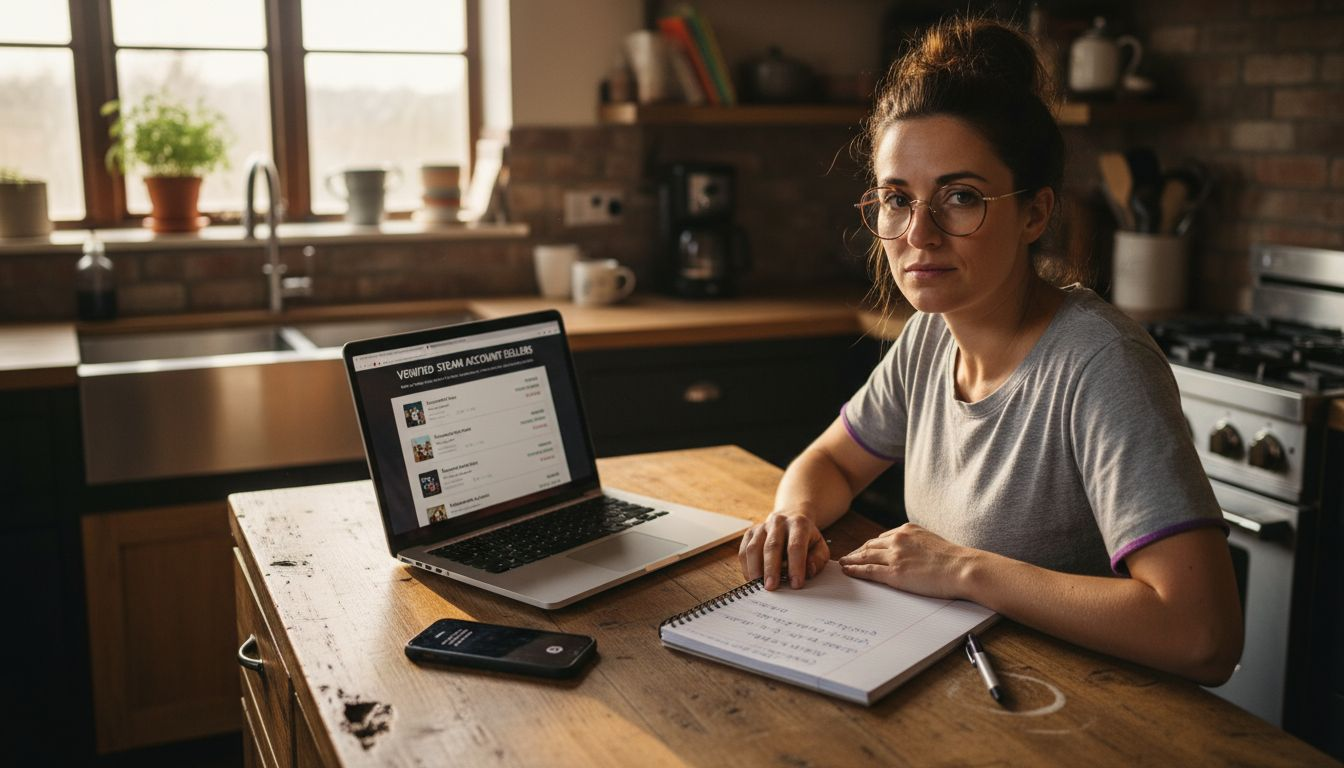 Woman compares Steam seller platforms in kitchen