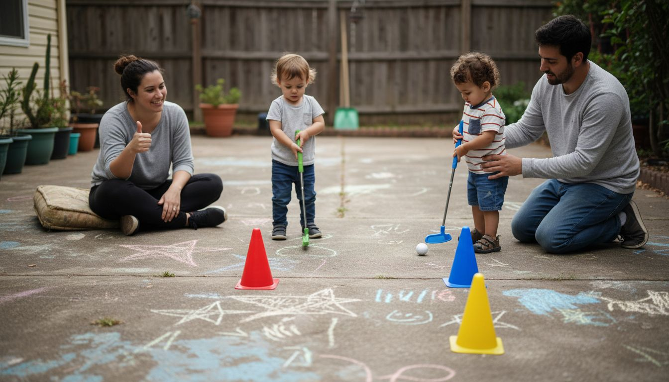 Toddlers doing golf activity with parent encouragement