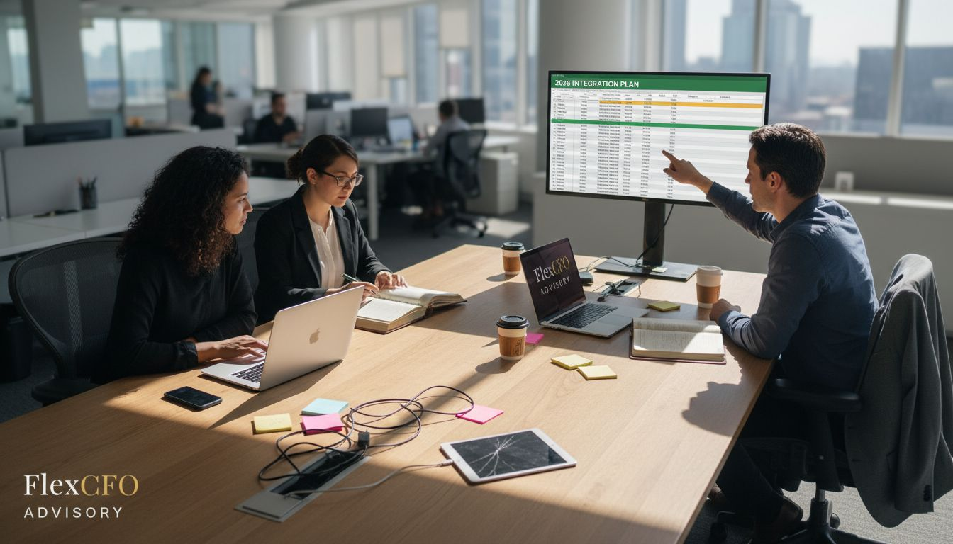 Finance team integrating technology at shared desk