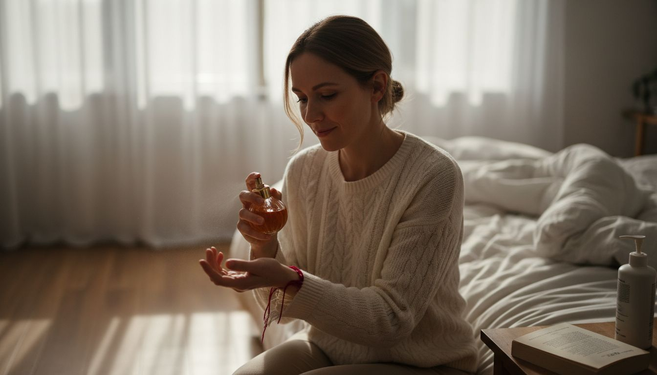 Woman applying oud perfume to wrist