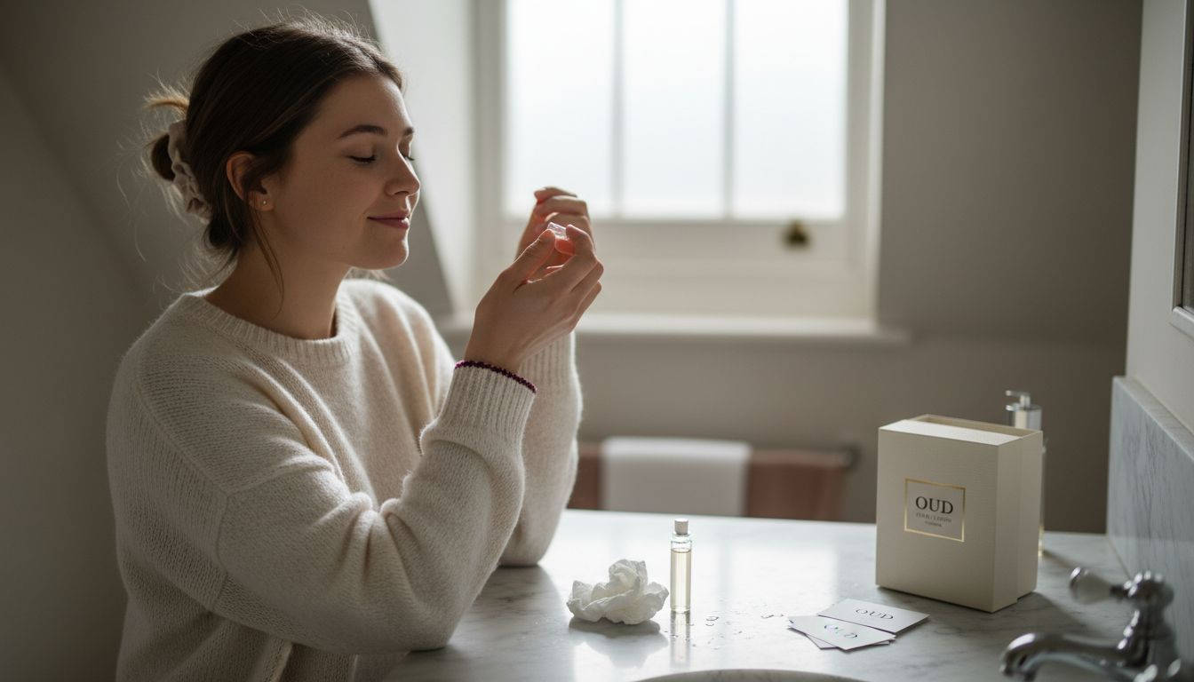 Woman testing creamy oud perfume on wrist