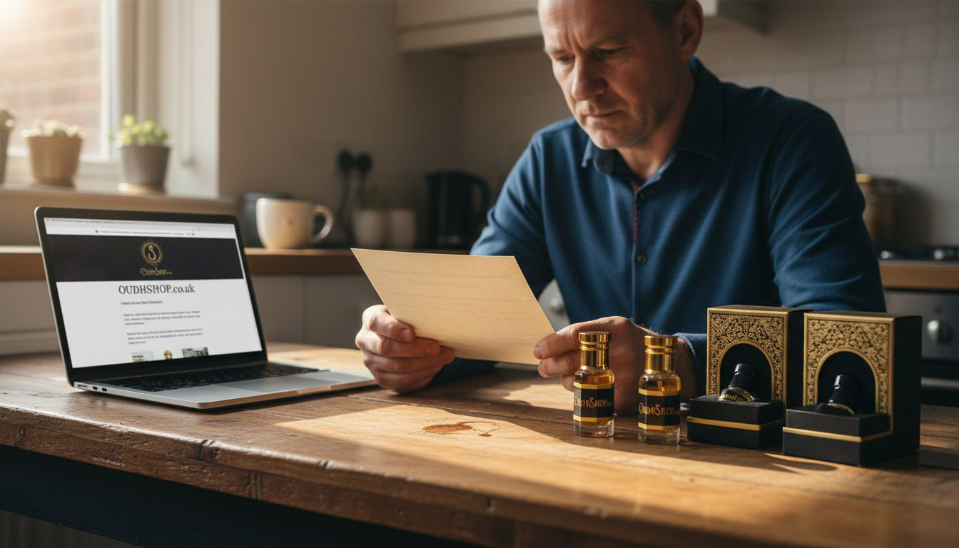Man verifying authenticity of perfume oils