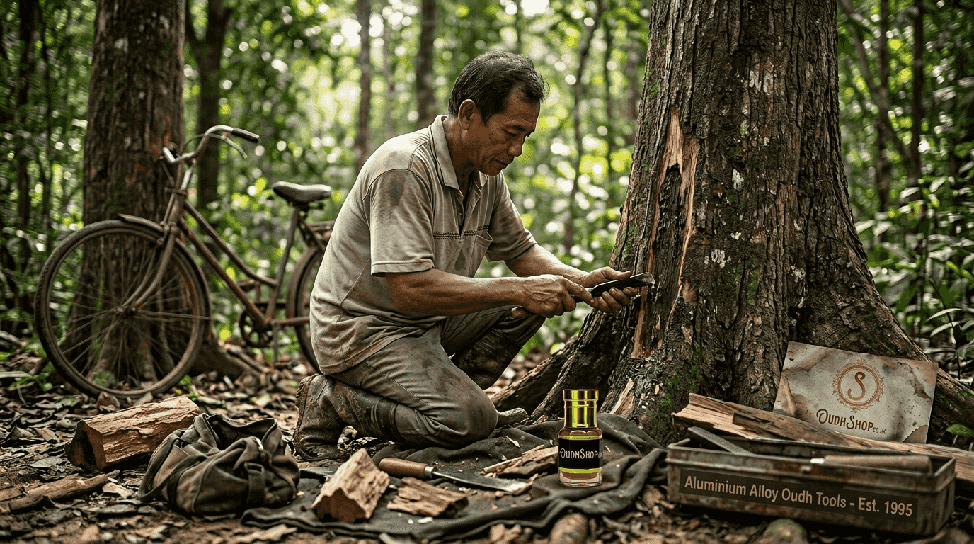Harvesting oud resin from agarwood tree