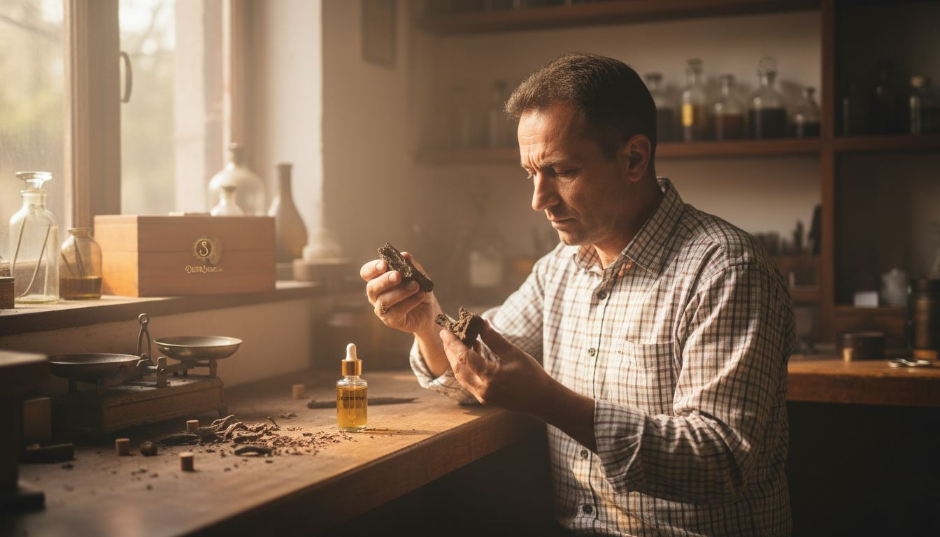 Craftsman inspecting agarwood resin in workshop
