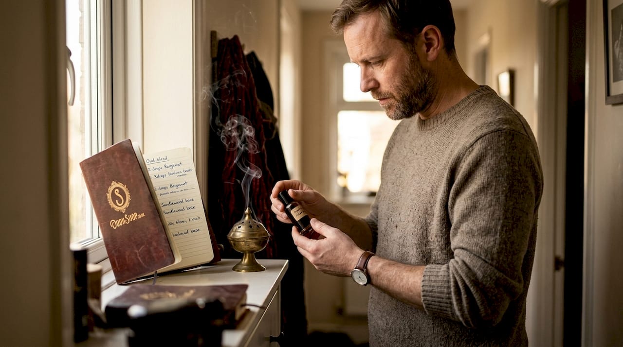 Man inspecting oud oil bottle at hallway shelf