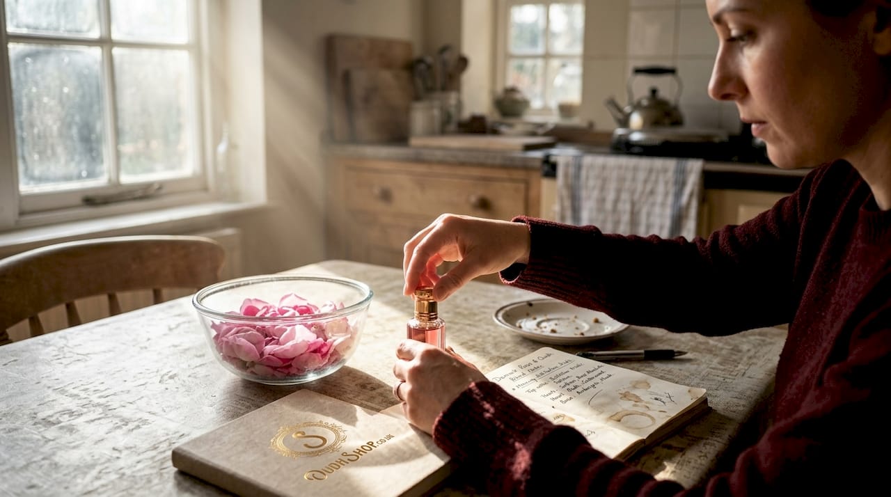 Rose oud perfume with fresh rose petals