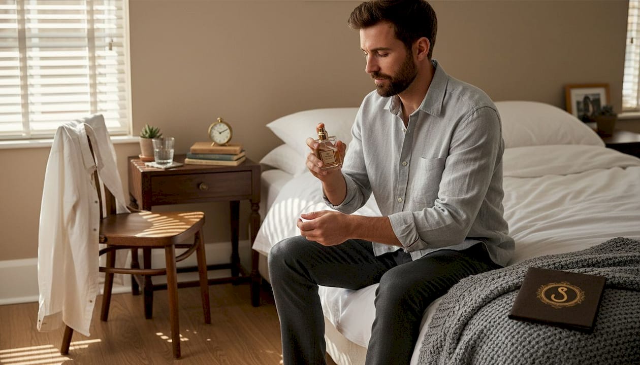Man applying cologne in simple bedroom