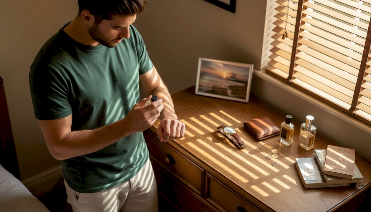 Man sampling perfume at bedroom dresser