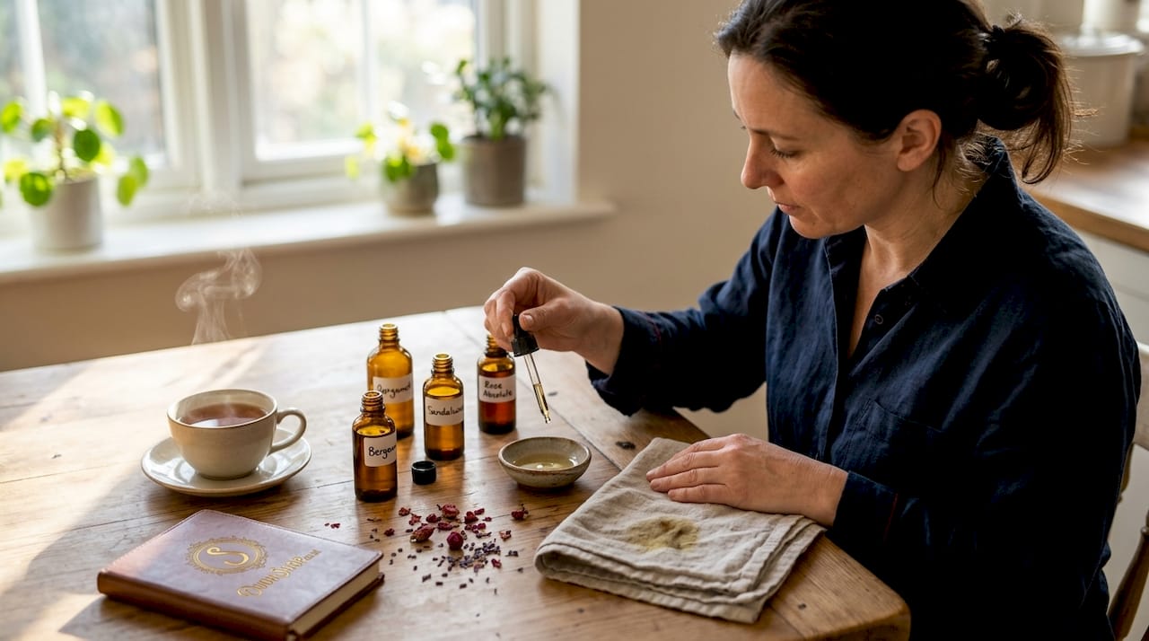 Perfumer preparing oils at kitchen table