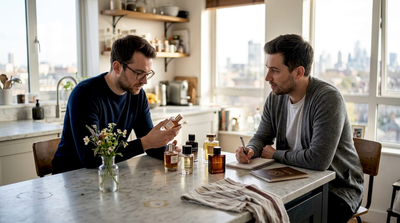 Men comparing luxury perfume bottles at kitchen