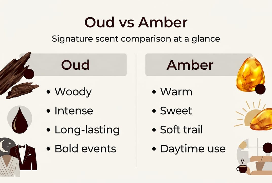 Infographic comparing oud and amber scents features
