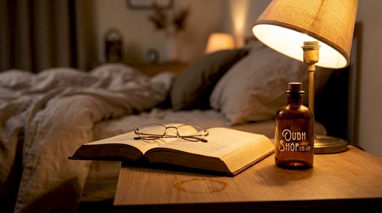 Amber perfume bottle on bedside table