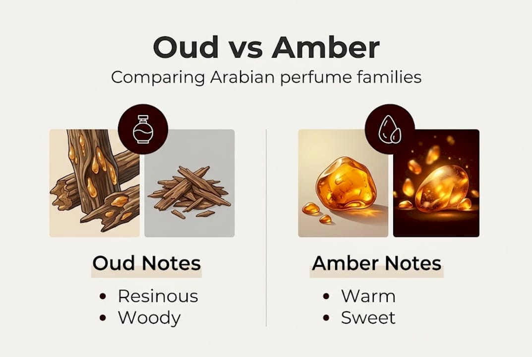 Infographic comparing oud and amber perfume families