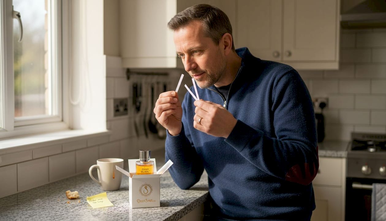 Man testing oud fragrances at kitchen counter