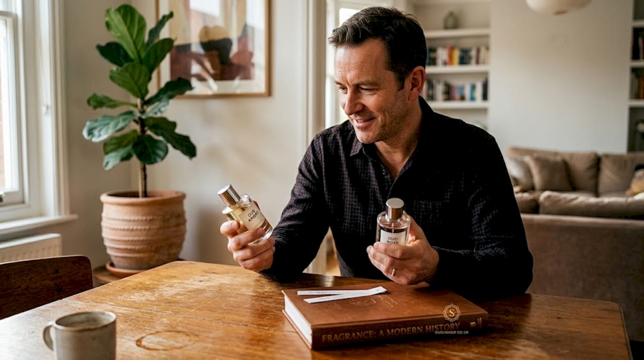 Man comparing oud fragrances at table