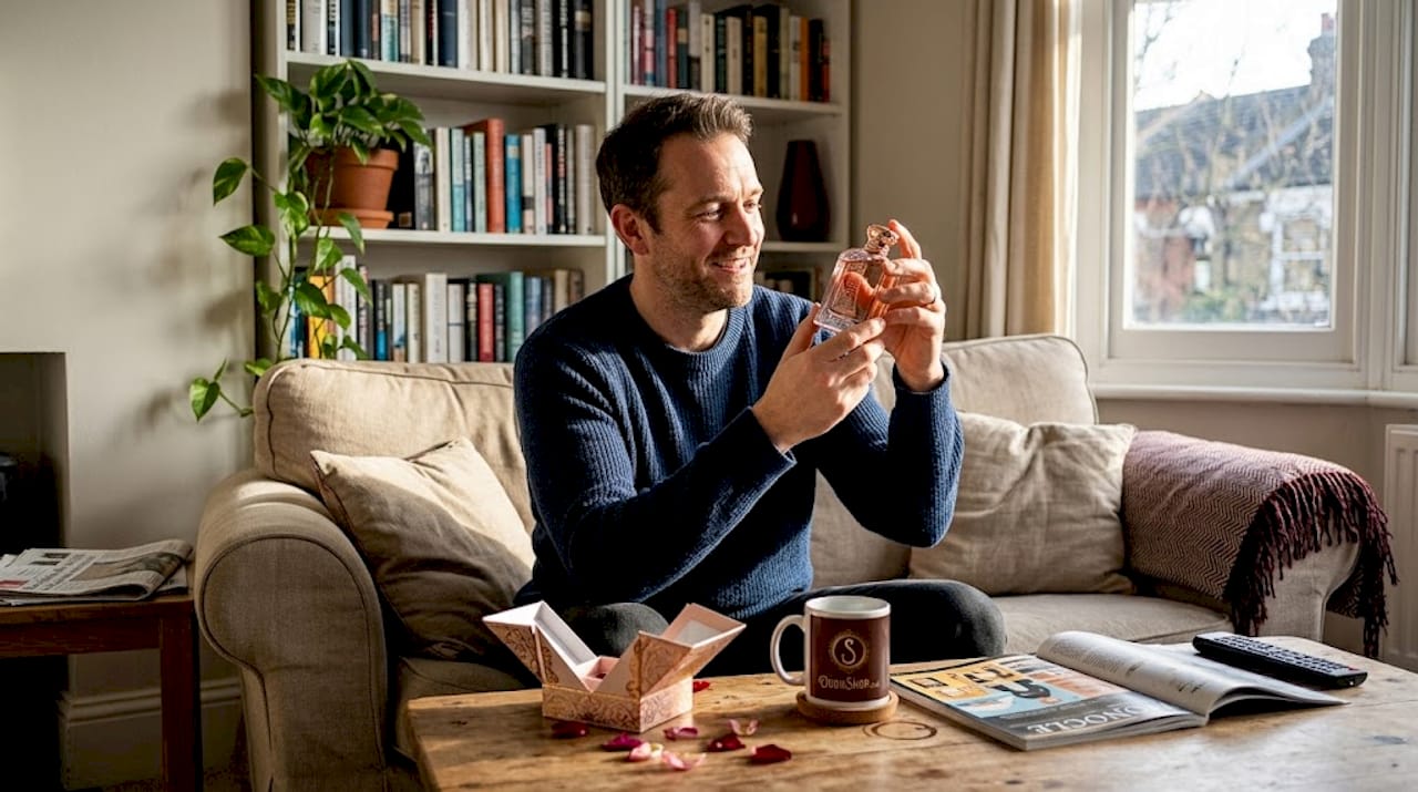 Unboxing rose-oud perfume in living room