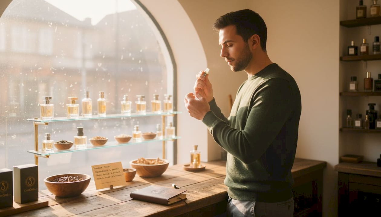 Testing oud perfume in boutique