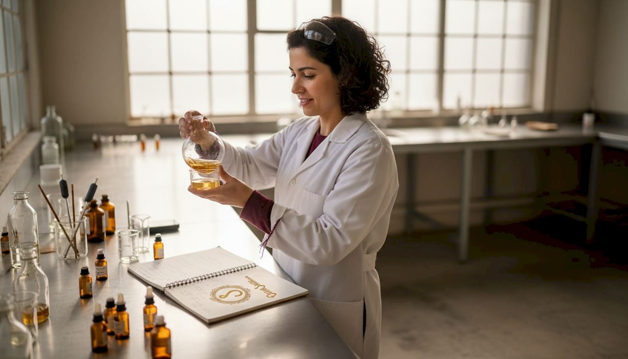 Scent chemist mixing amber and musk perfume