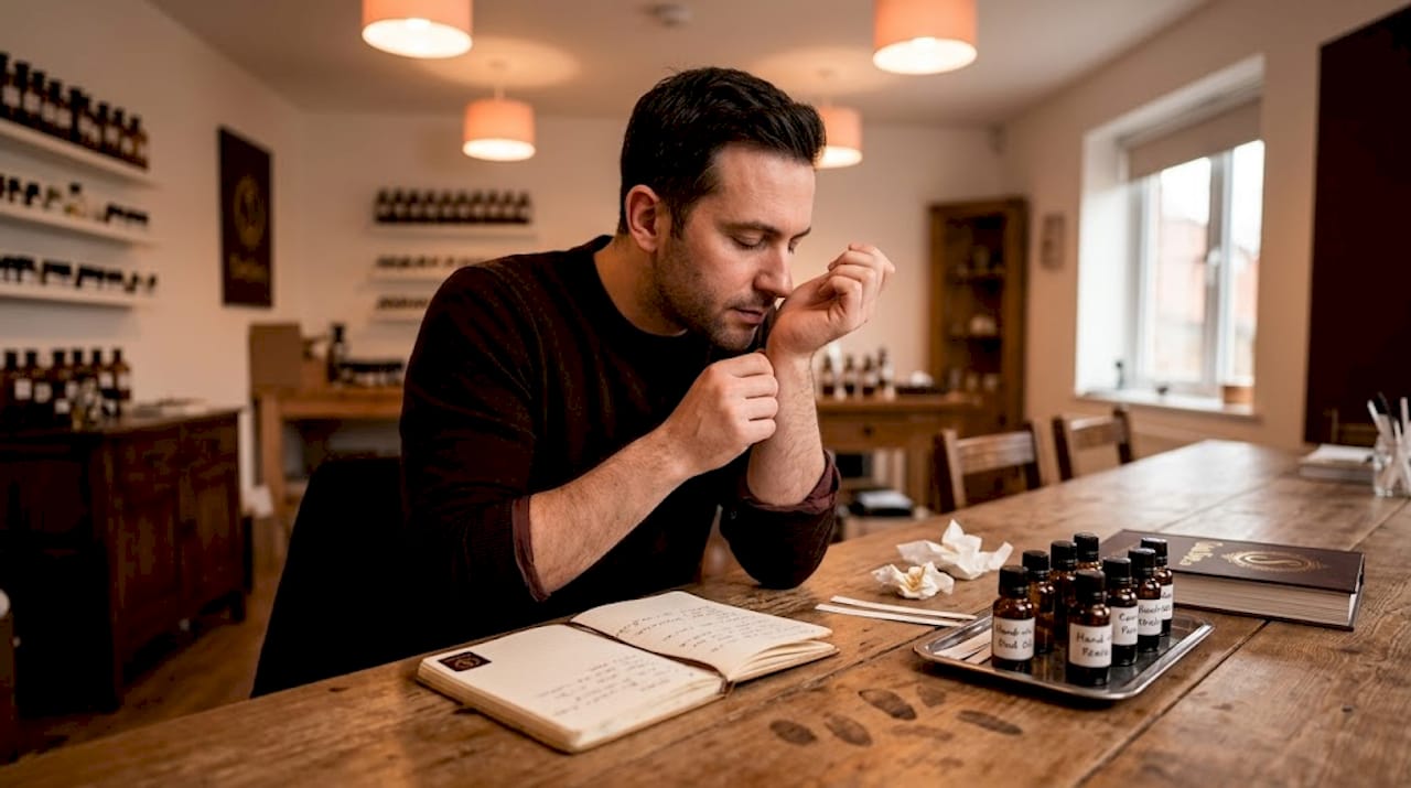Perfumer testing oud scent on skin