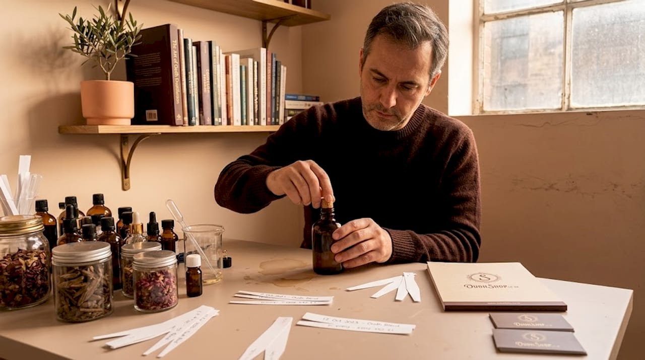 Perfumer at workbench with bottles and notes