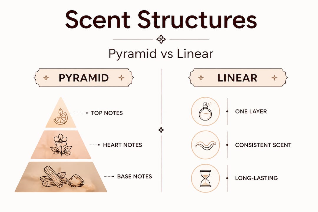 Infographic comparing pyramid and linear fragrance structures