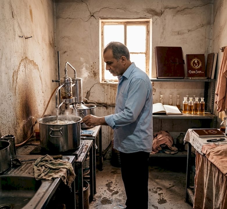 Oud distillation in artisan workshop