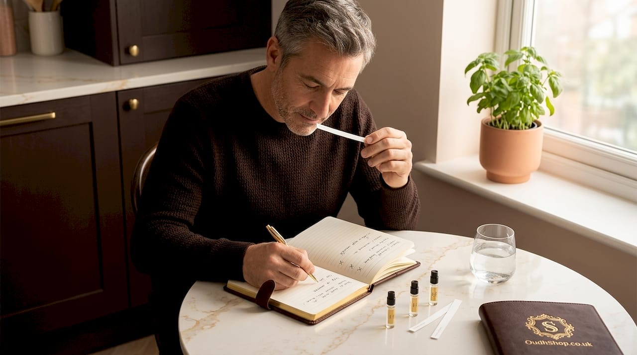 Man testing perfume with scent strip