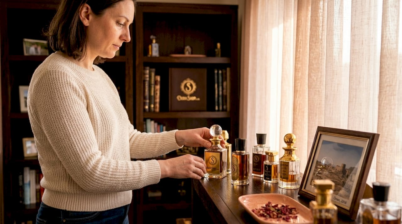 Woman arranging oud bottles on living room shelf