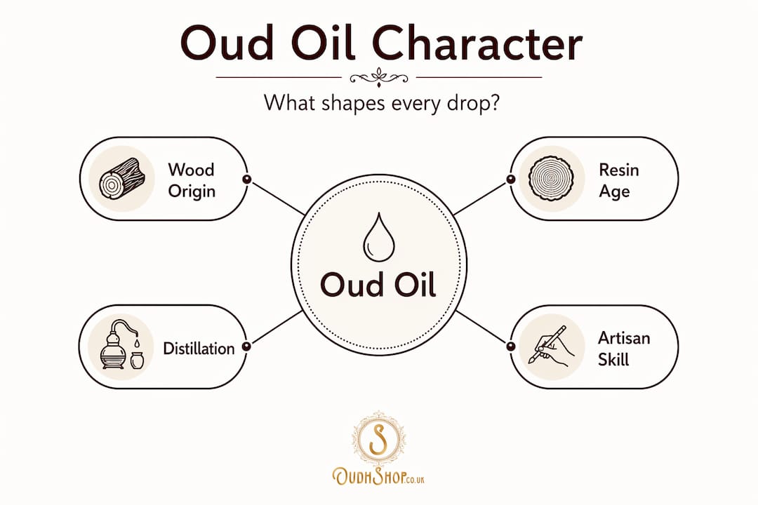 Hierarchy infographic showing what shapes oud oil character