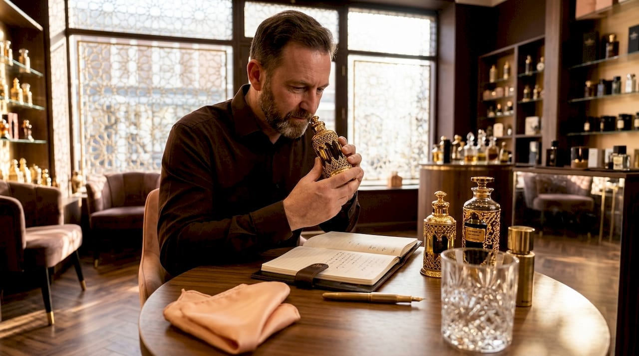Man examining Arabian and Western perfume bottles