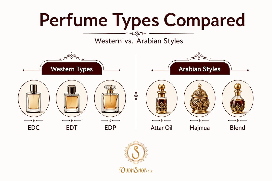 Infographic comparing Western and Arabian perfume types