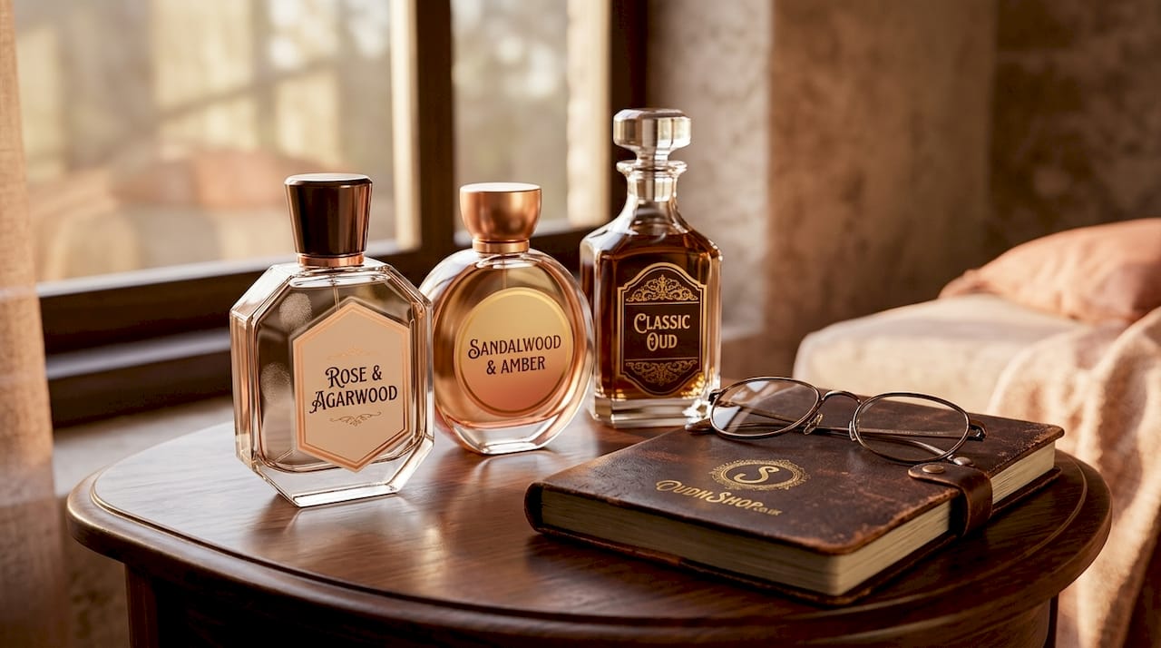 Oud perfume bottles and leather notebook on table