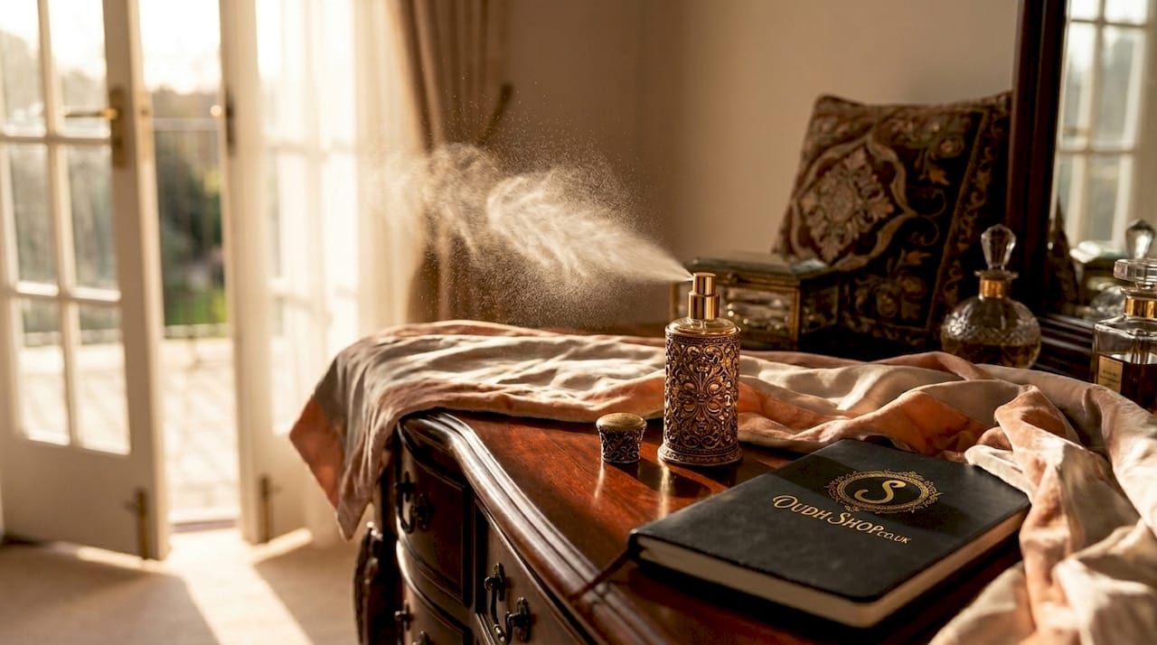 Perfume mist dispersing in morning bedroom