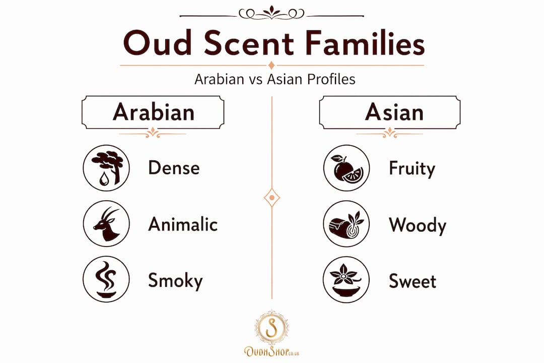 Infographic comparing Arabian and Asian oud scent traits