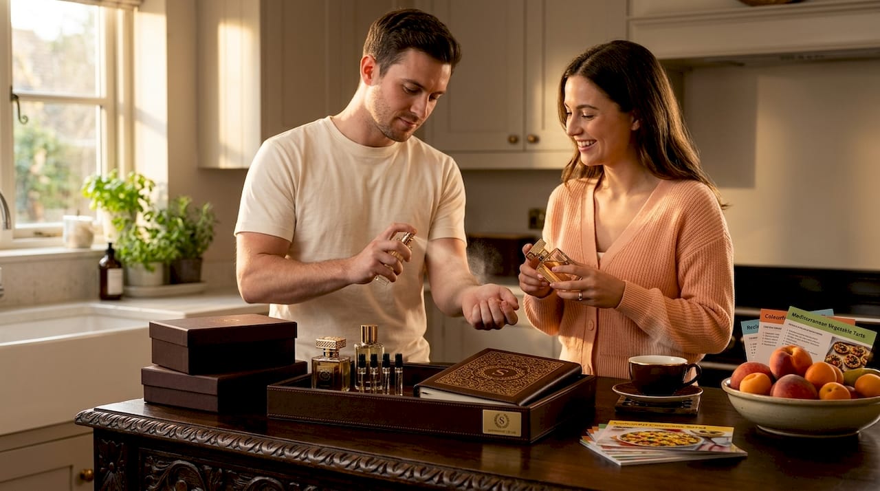 Couple sharing unisex perfume in kitchen