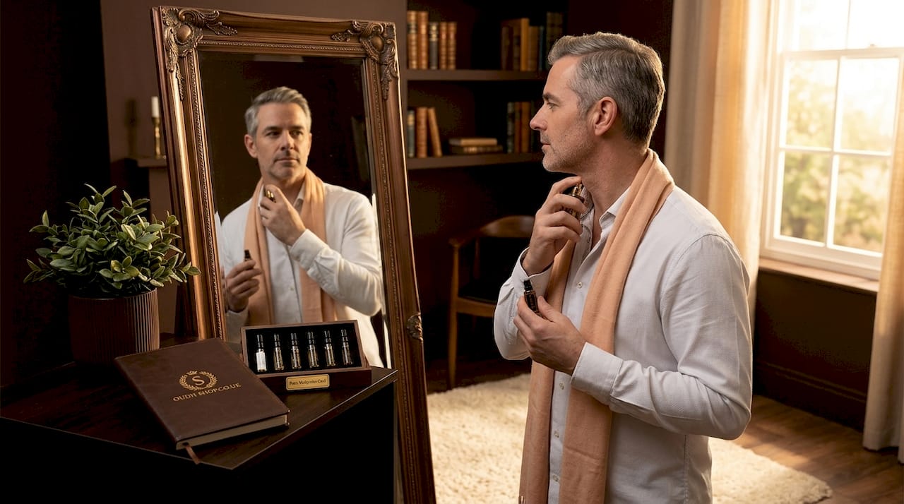 Man applying cologne by hallway mirror