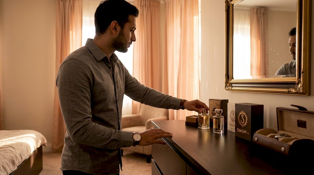 Man selecting perfume in bedroom morning routine