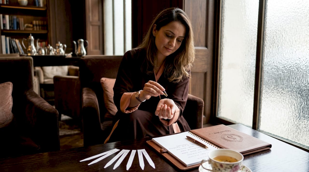 Woman sampling perfume with test strips