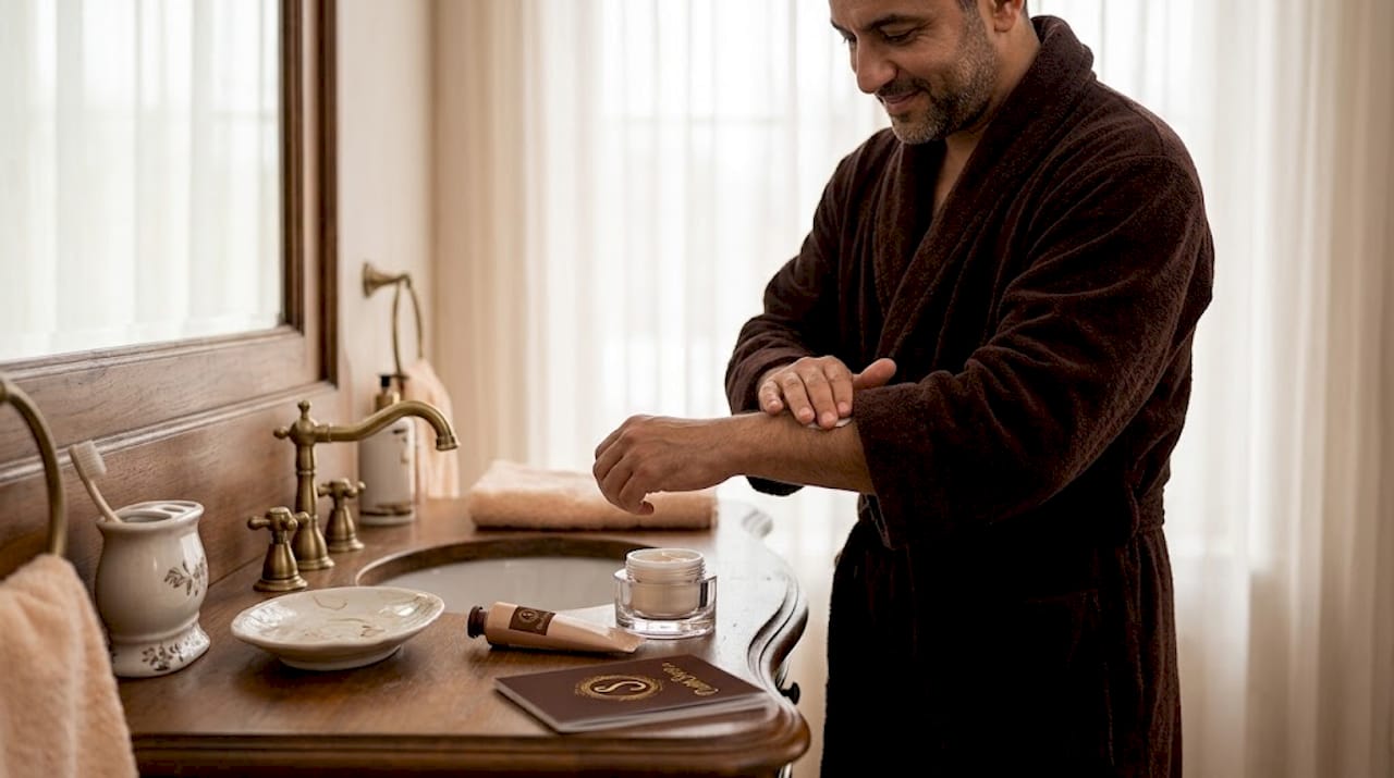 Man moisturizing arm before applying attar