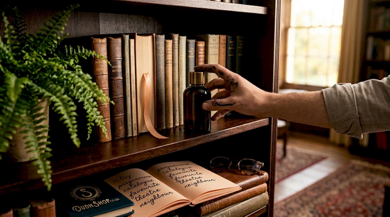 Cologne bottle on bookshelf with evening light