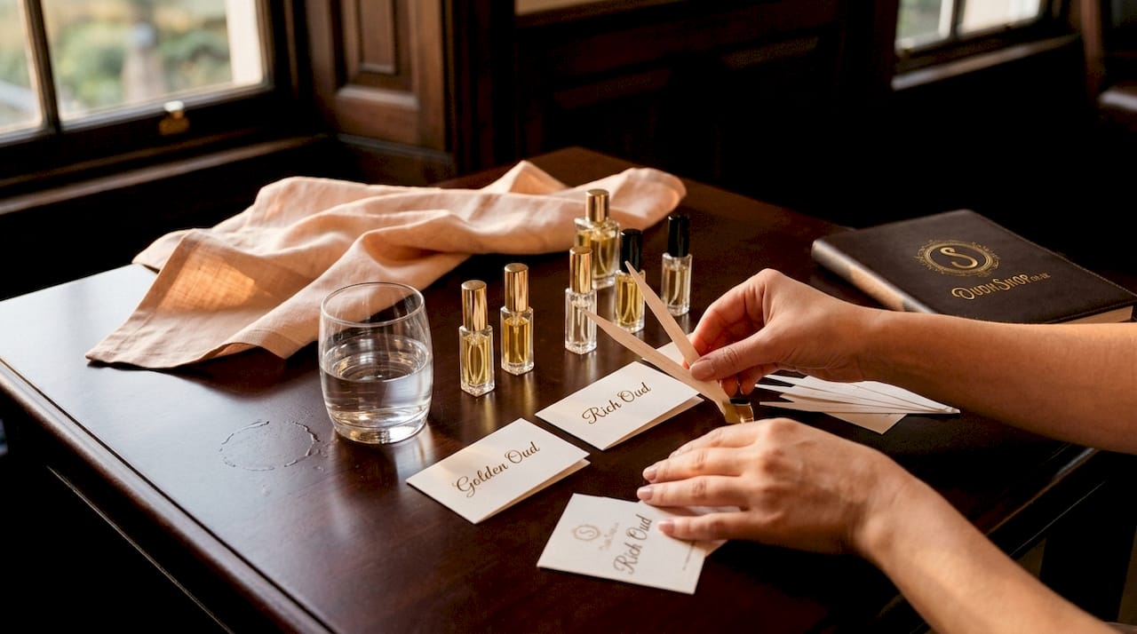 Hands prepping oud fragrance comparison materials