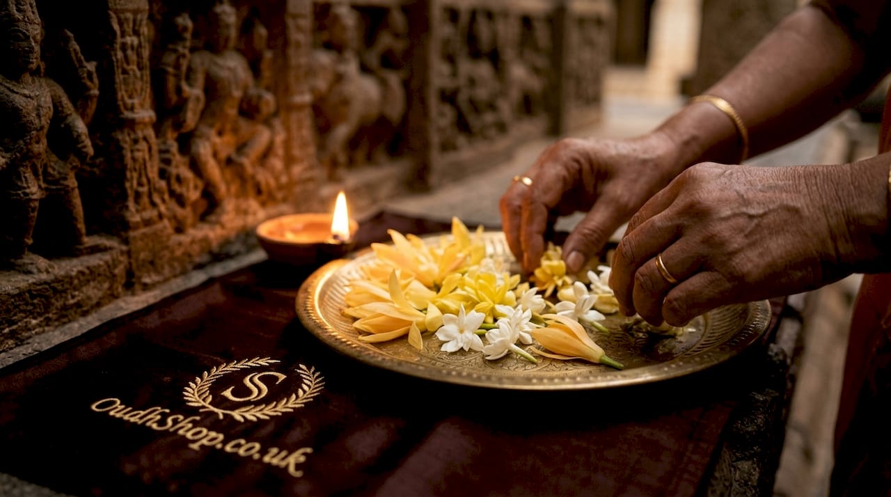 Floral offering in Indian temple ritual