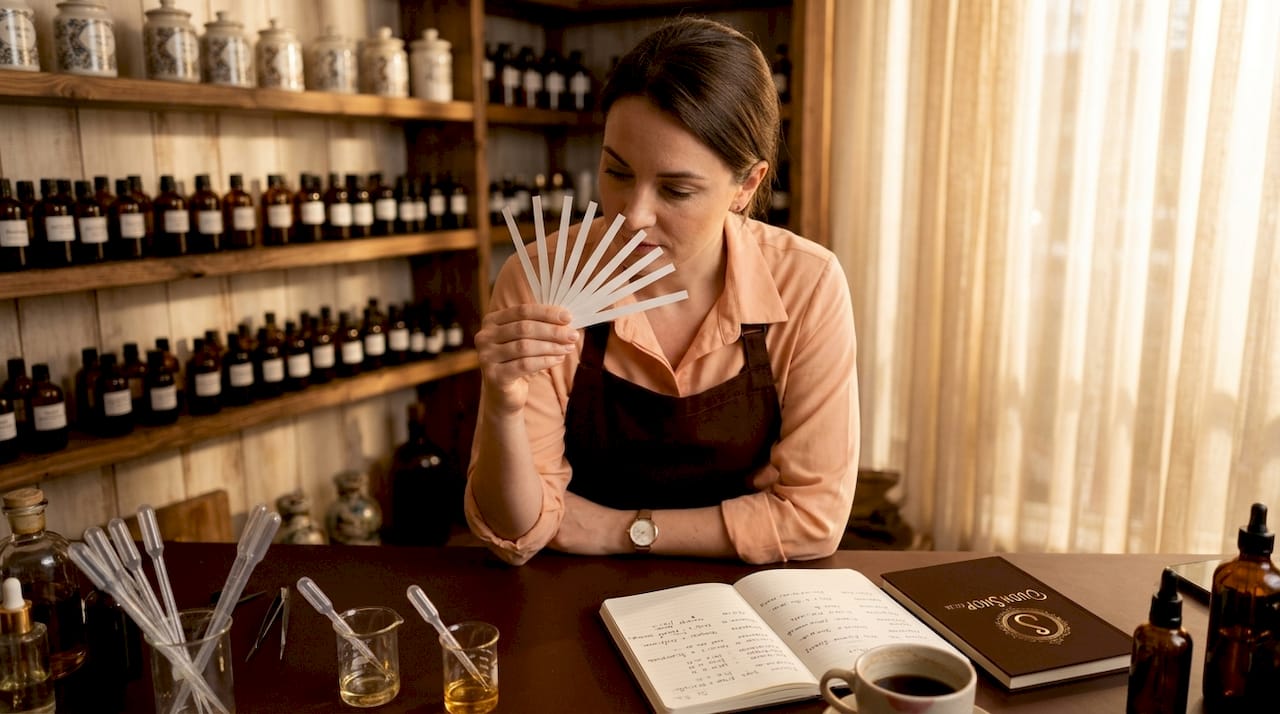 Perfumer testing fragrance oils in clean lab