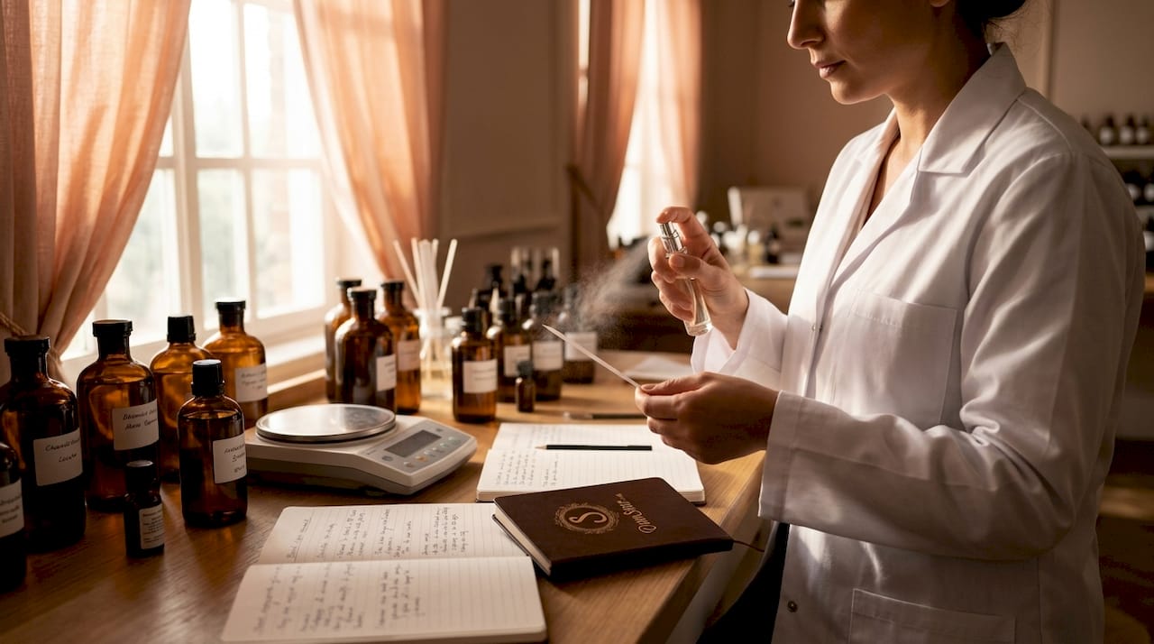 Perfumer spraying fragrance sample on strip