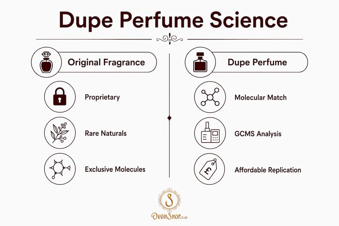 Infographic comparing original and dupe perfume science
